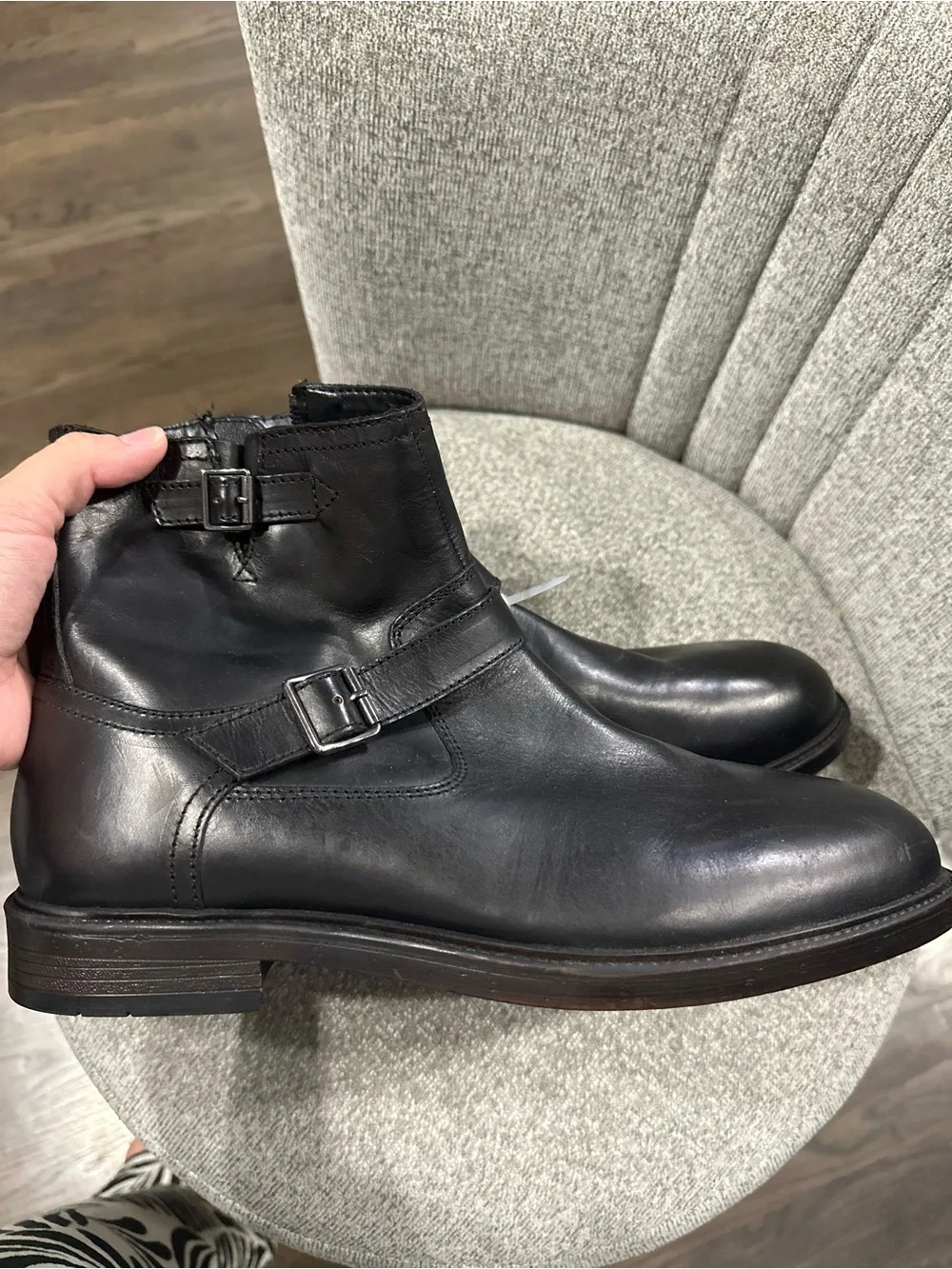 Men's Black Leather Ankle Boots with Buckle Strap